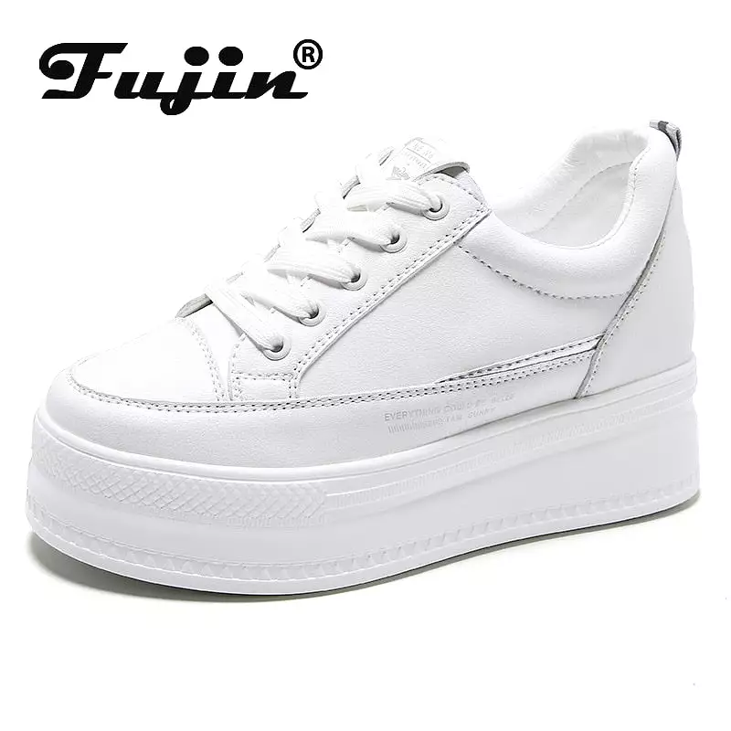 7cm Microfiber Leather Women Casual Shoes White Platform Wedge Hidden Heel Shoes White Shoes Chunky Sneakers Skateboard