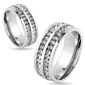 8mm Double Lined CZ Center Stainless Steel Wedding Band Ring