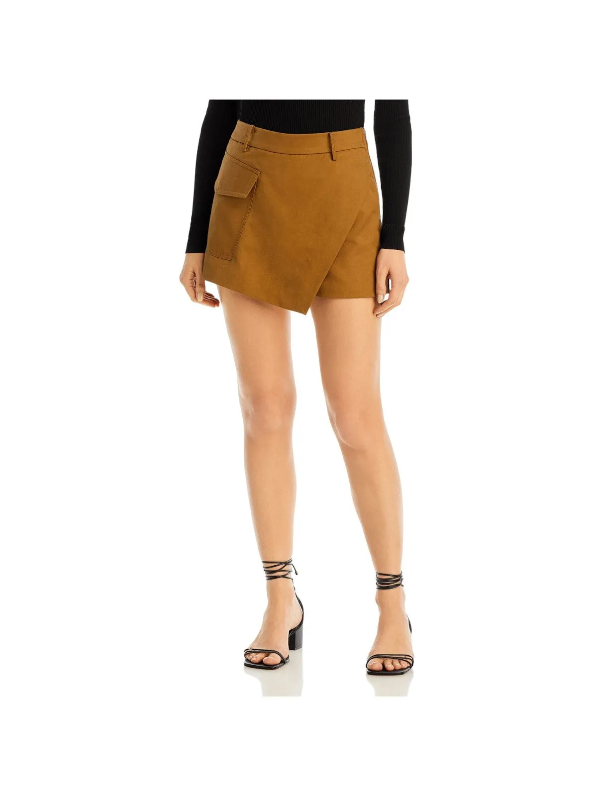 AQUA Womens Brown Pocketed Zippered Asymmetric Front Lined Mini Wrap Skort