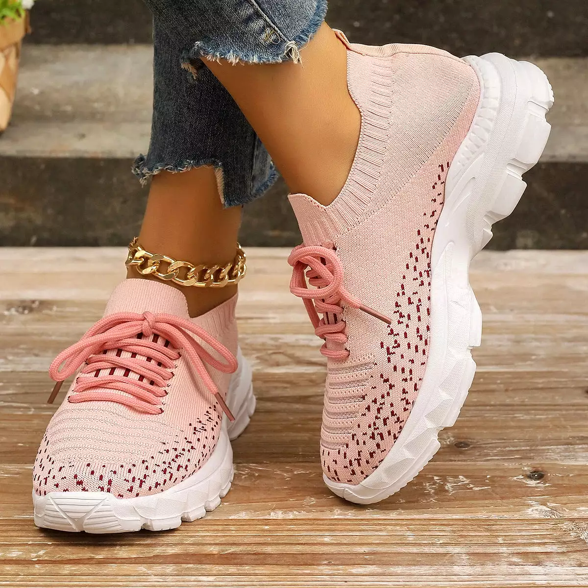 Ashore Shop Pink Knitting Platform Sneakers for Women 2024 Spring Mesh Breathable Sports Shoes Woman Non Slip Thick Sole Running