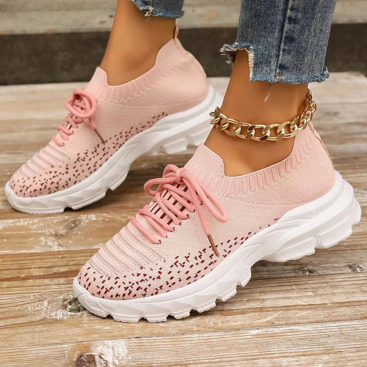 Ashore Shop Pink Knitting Platform Sneakers for Women 2024 Spring Mesh Breathable Sports Shoes Woman Non Slip Thick Sole Running