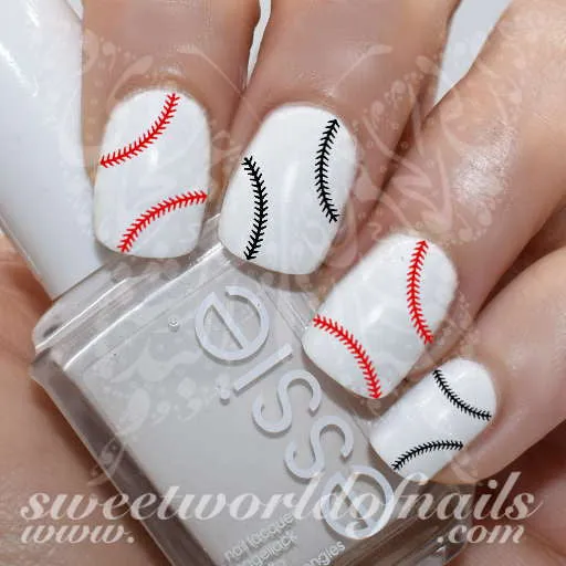 Baseball Nail Art Black Red Stitches Nail Water Decals Slides