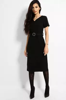 Black O-Ring Belt V-Neck Midi Dress