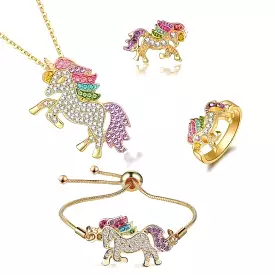 Cute Unicorn Ring Bracelet Necklace Earrings Set Colorful Mini Horse Jewelry Suit For Girls Women X3202107