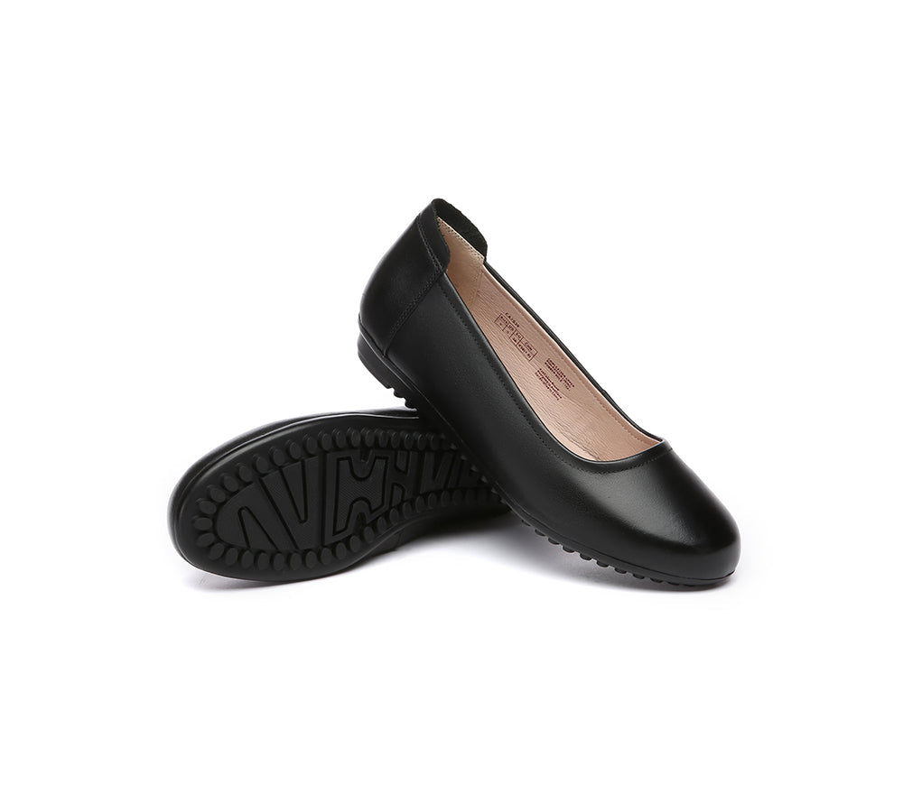 EVERAU Women Leather Round Toe Black Work Ballet Flats Fern