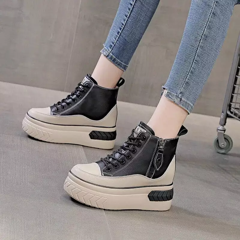 High Top Women Shoes Genuine Leather 8cm Platform Boots Wedge Hidden Heel Zip Spring Autumn Warm Fur Winter Plush Shoes Sneakers