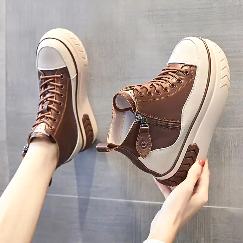 High Top Women Shoes Genuine Leather 8cm Platform Boots Wedge Hidden Heel Zip Spring Autumn Warm Fur Winter Plush Shoes Sneakers