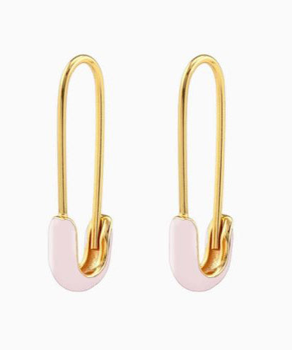 Kris Nations Safety Pin Enamel Hoop Earrings - Light Pink/Gold