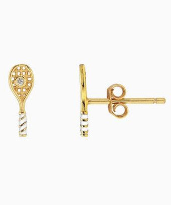 Kris Nations Tennis Racket Crystal and Pave Stud Earrings - Gold