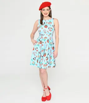 Light Blue & Christmas Puppy Print Flare Dress