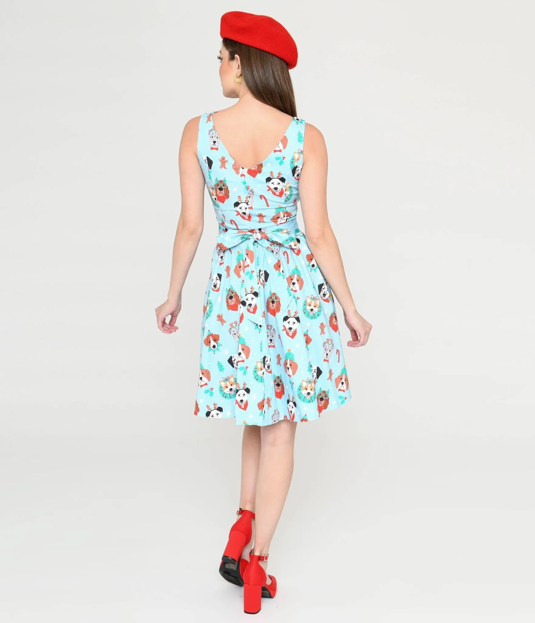 Light Blue & Christmas Puppy Print Flare Dress