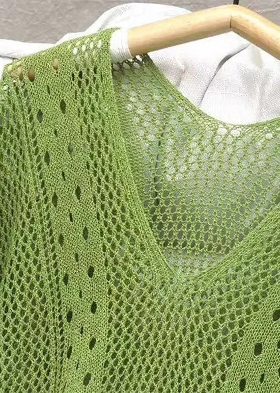 Loose Green V Neck Tasseled Hollow Out Knit Dress Summer HA1001