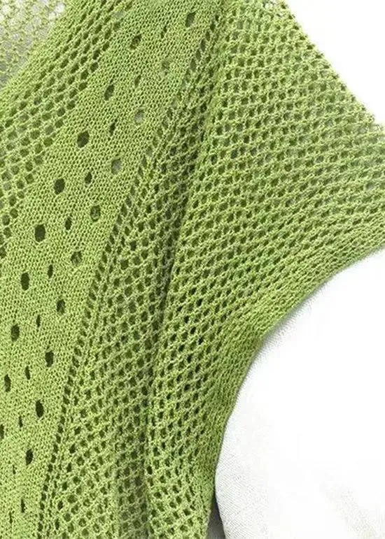 Loose Green V Neck Tasseled Hollow Out Knit Dress Summer HA1001