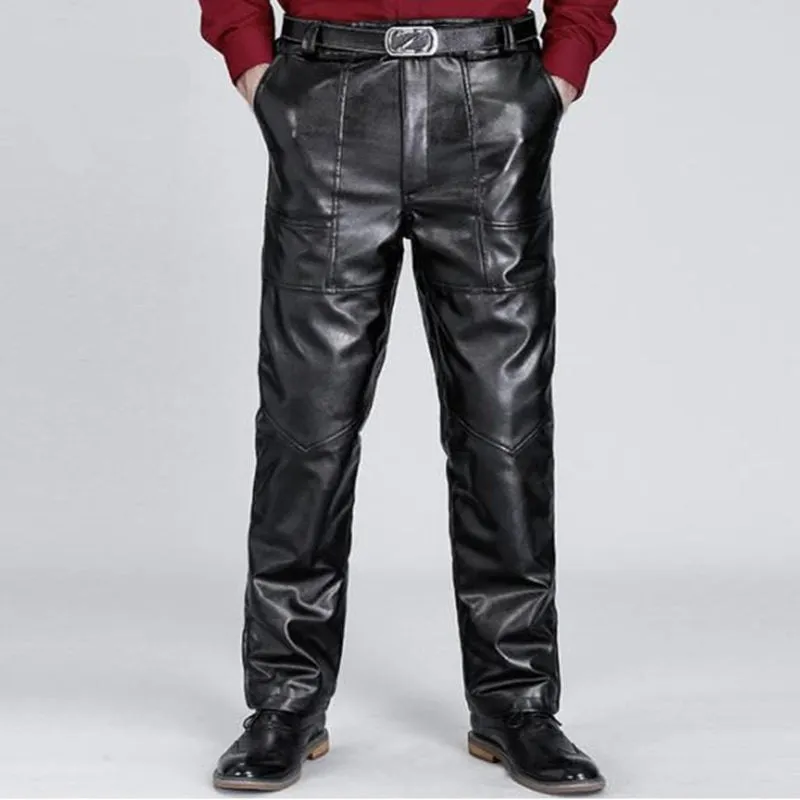 Men's Synthetic Leather Winter Warm High Waist Casual Brushed Trousers