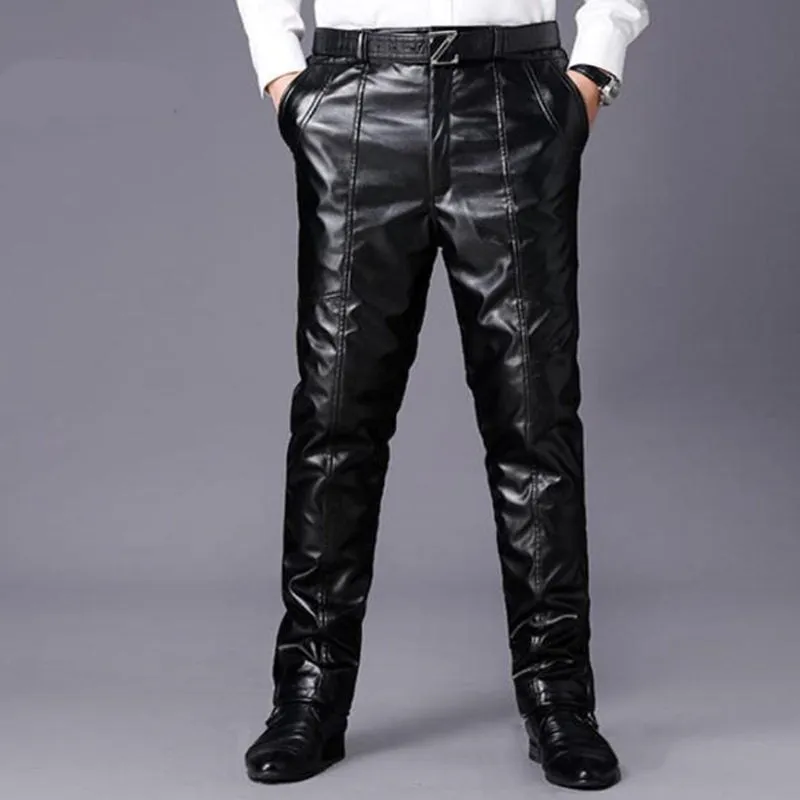 Men's Synthetic Leather Winter Warm High Waist Casual Brushed Trousers