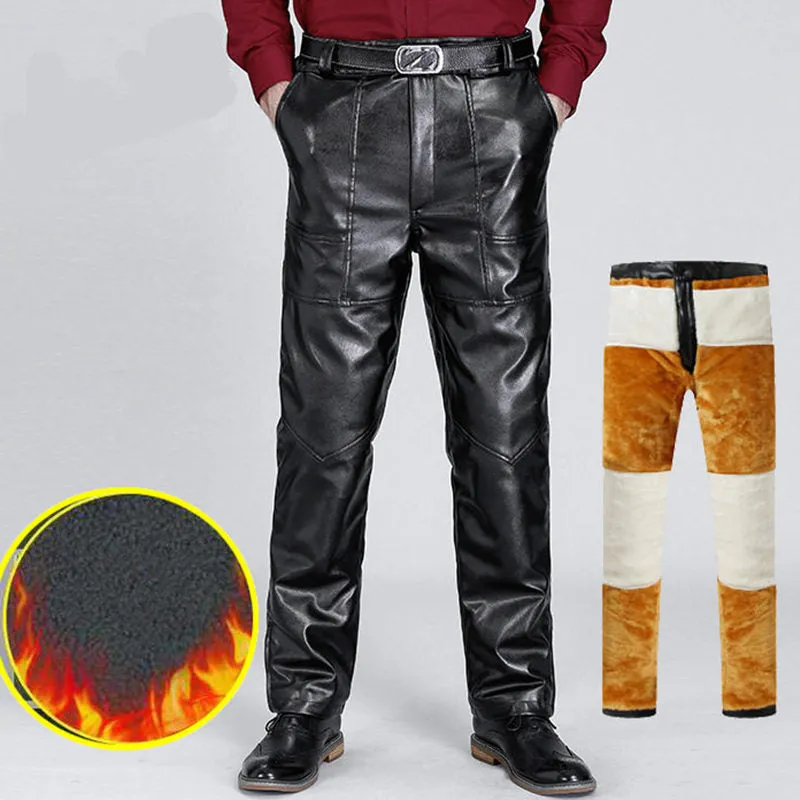 Men's Synthetic Leather Winter Warm High Waist Casual Brushed Trousers