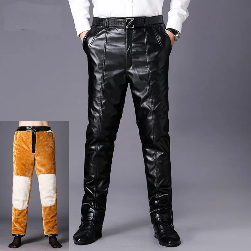 Men's Synthetic Leather Winter Warm High Waist Casual Brushed Trousers