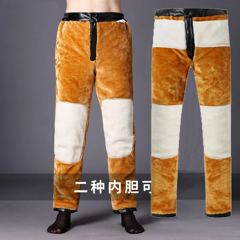 Men's Synthetic Leather Winter Warm High Waist Casual Brushed Trousers