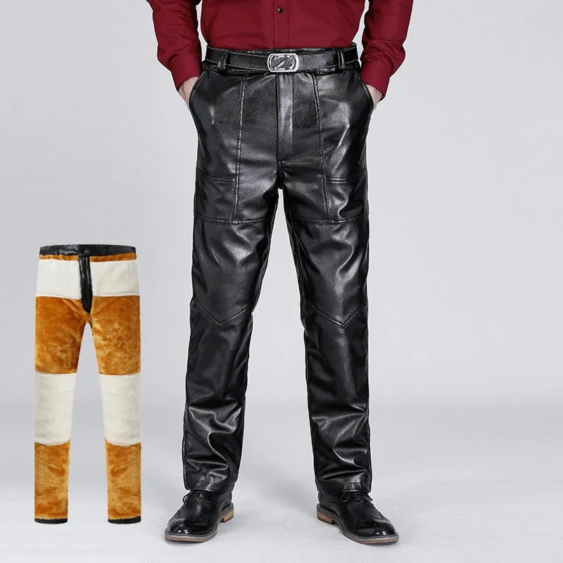 Men's Synthetic Leather Winter Warm High Waist Casual Brushed Trousers