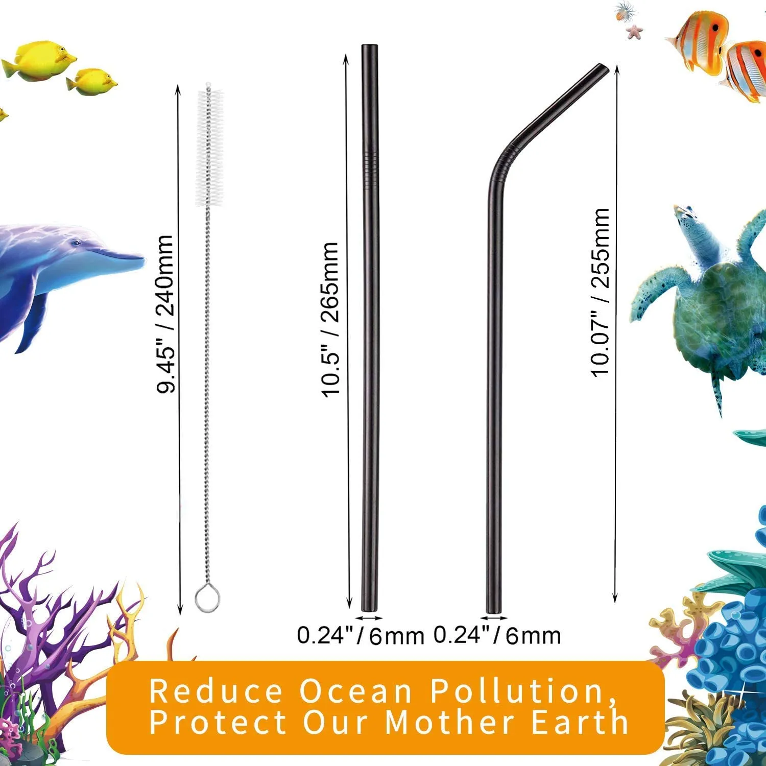 Metal Straws Reusable Stainless Steel Straws with Cleaning Brush (Black)