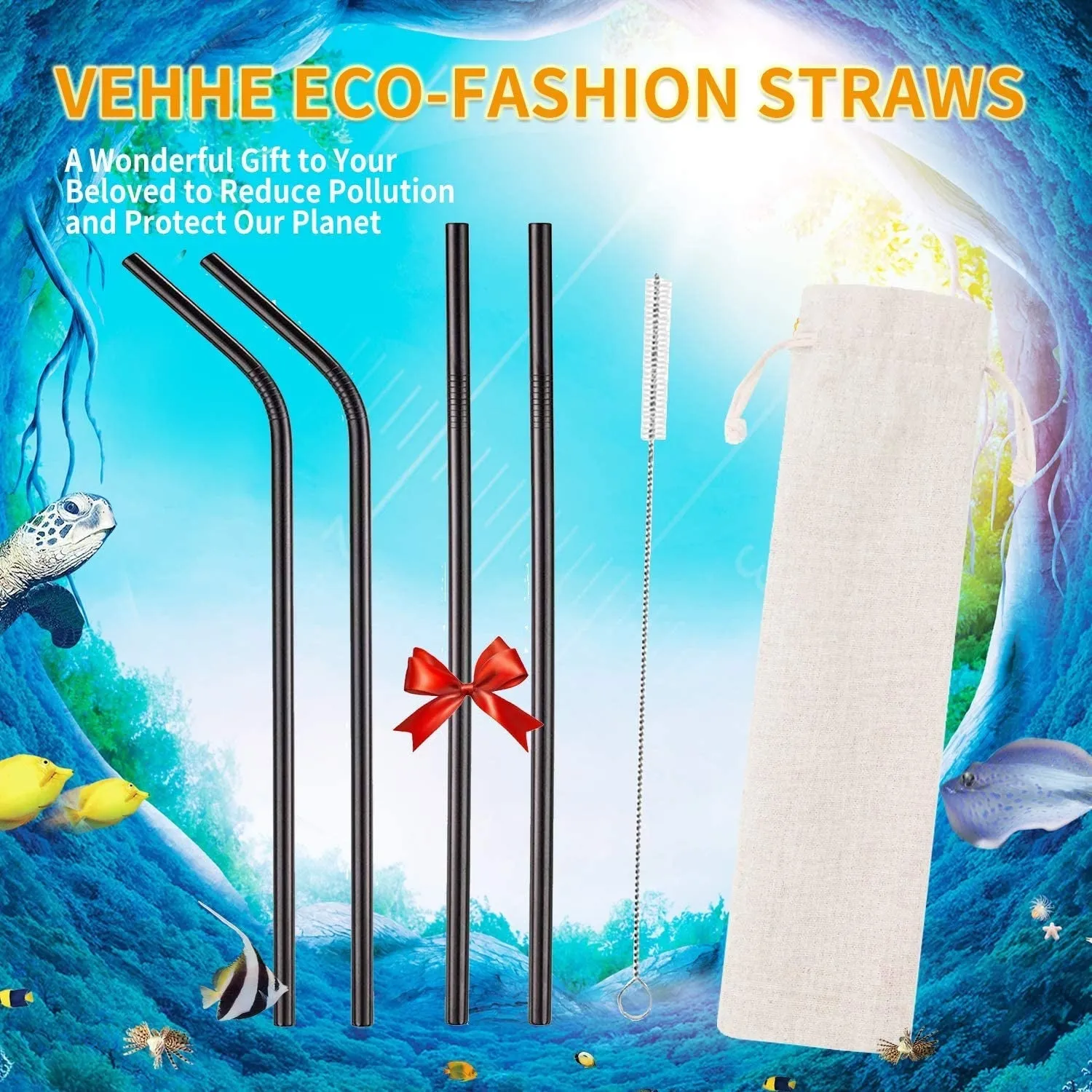 Metal Straws Reusable Stainless Steel Straws with Cleaning Brush (Black)