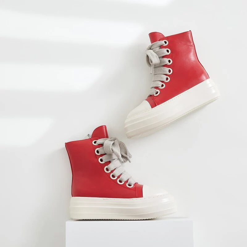 NEW High Top Lace Up Main Line Thick Sole Red Fashion Designer Sneakers Leather Men Women Casual Shoes couple Flats Boots