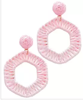 Raffia Wrapped Hexagon Earrings - Light Pink