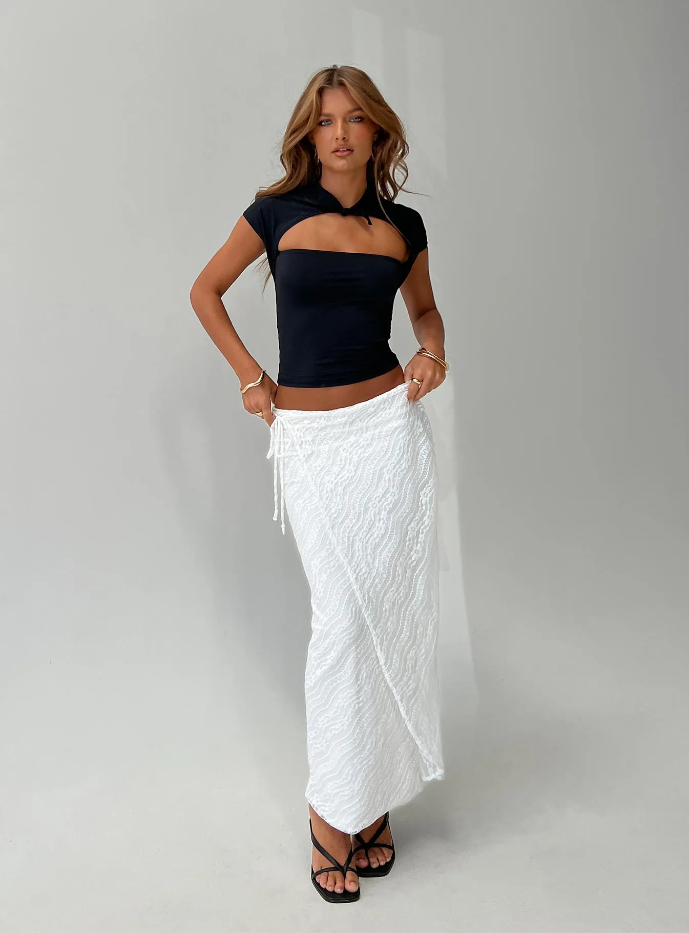 Ring Her Up Lace Wrap Maxi Skirt White