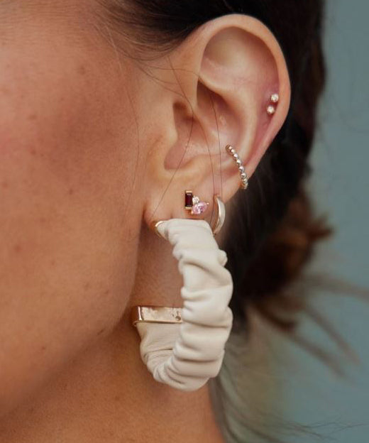 Rosalia Ruched Leather Hoop Earrings - Cream/Gold