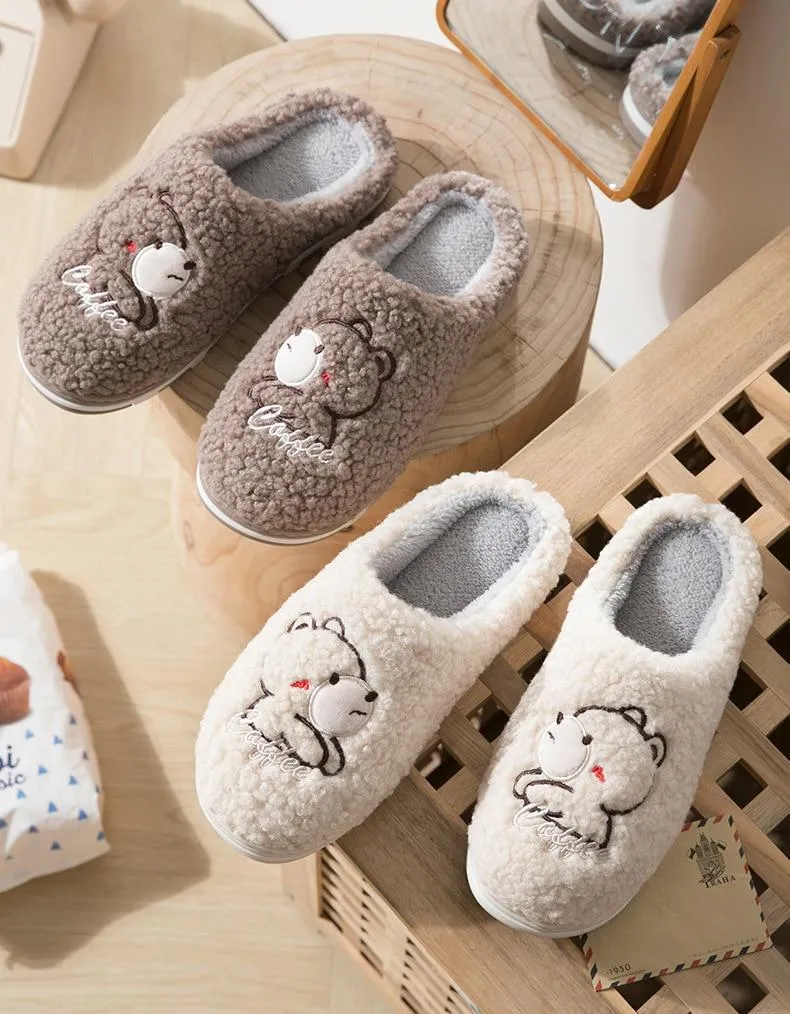 Winter Warm Unisex Couple Cartoon Bear Fur Plush Indoor House Slippers