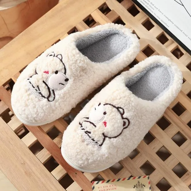 Winter Warm Unisex Couple Cartoon Bear Fur Plush Indoor House Slippers