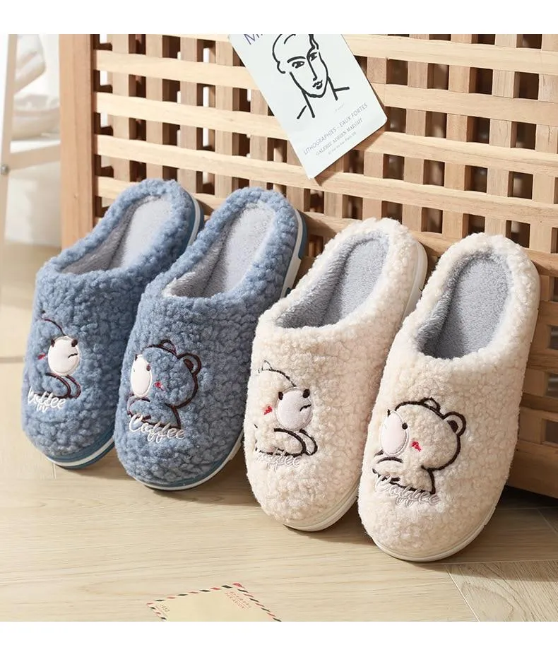 Winter Warm Unisex Couple Cartoon Bear Fur Plush Indoor House Slippers