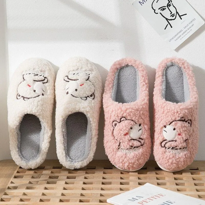 Winter Warm Unisex Couple Cartoon Bear Fur Plush Indoor House Slippers