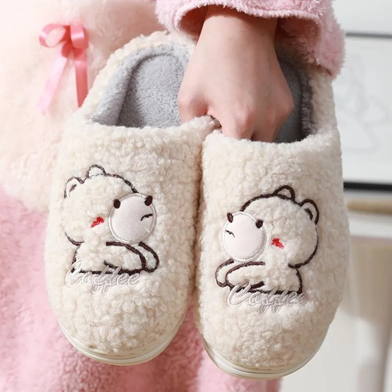 Winter Warm Unisex Couple Cartoon Bear Fur Plush Indoor House Slippers