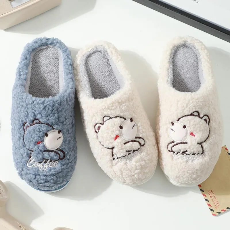 Winter Warm Unisex Couple Cartoon Bear Fur Plush Indoor House Slippers