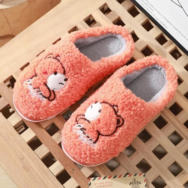 Winter Warm Unisex Couple Cartoon Bear Fur Plush Indoor House Slippers