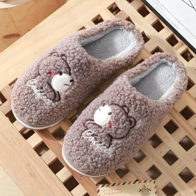 Winter Warm Unisex Couple Cartoon Bear Fur Plush Indoor House Slippers