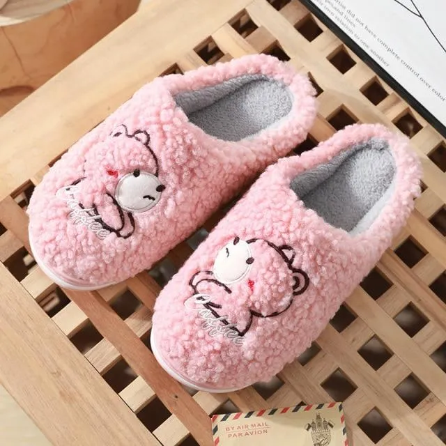 Winter Warm Unisex Couple Cartoon Bear Fur Plush Indoor House Slippers