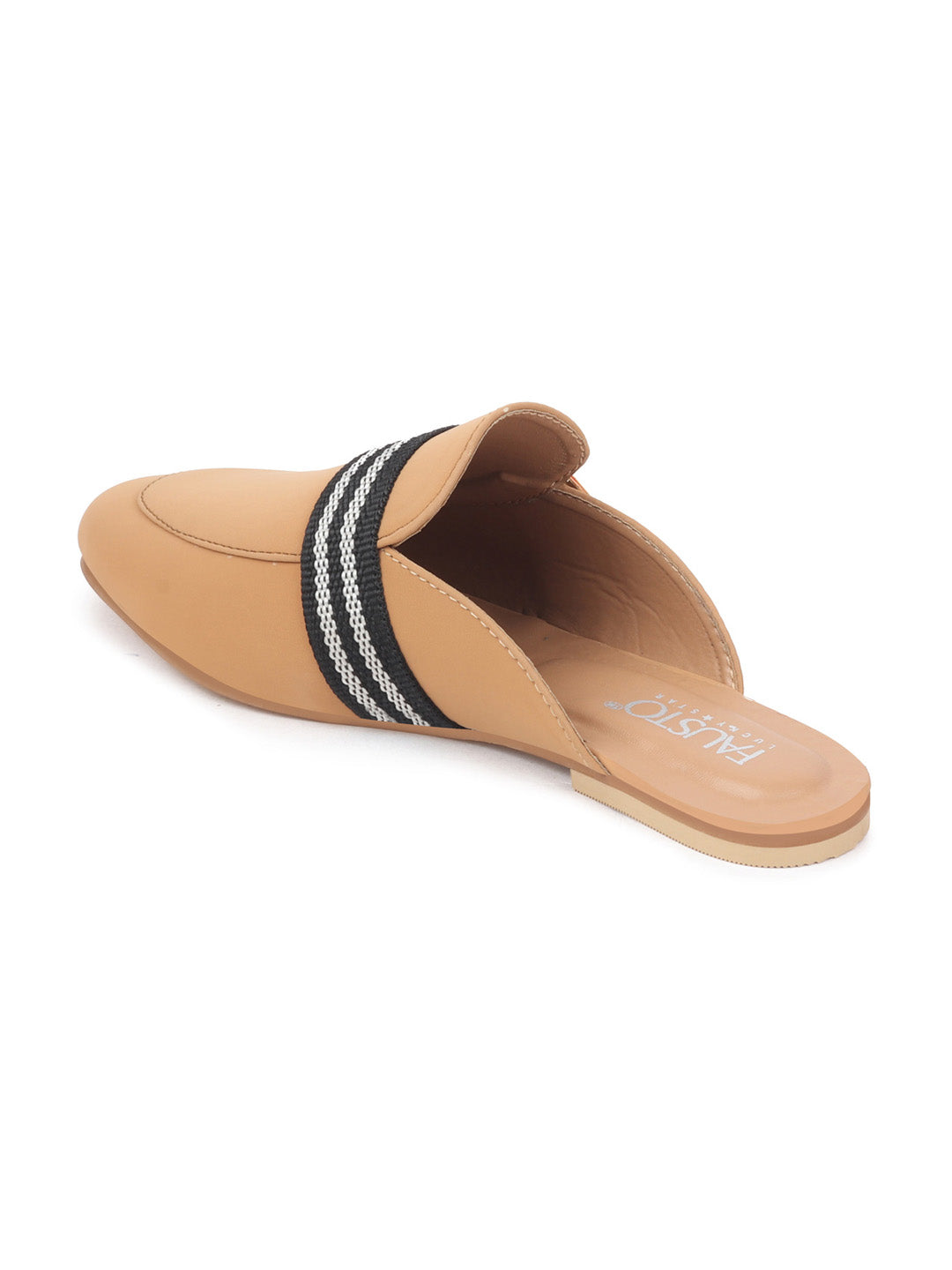 Women Beige Back Open Flat Mules with Buckle Strap