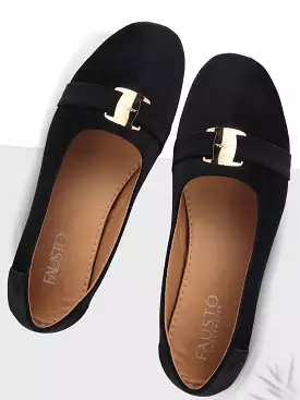 Women Black Buckle Slip On Ballerina