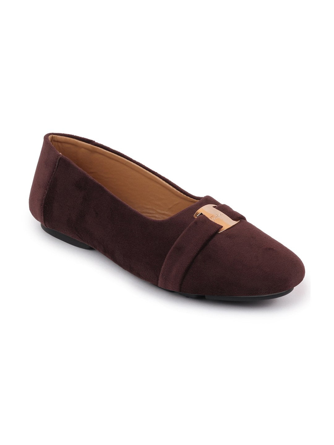 Women Brown Buckle Slip On Ballerina