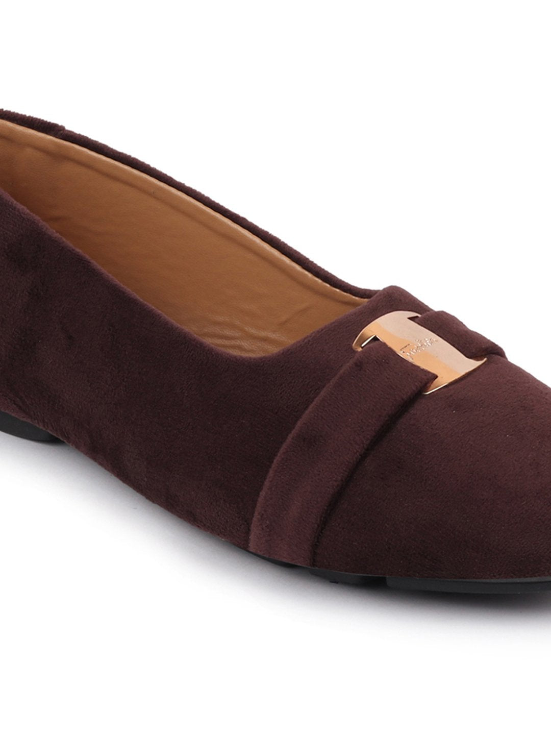 Women Brown Buckle Slip On Ballerina