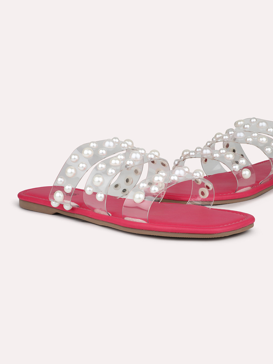 Women Pink Western Embellished Open Toe Flats with Pearl Studded