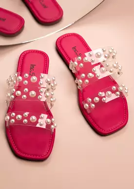 Women Pink Western Embellished Open Toe Flats with Pearl Studded