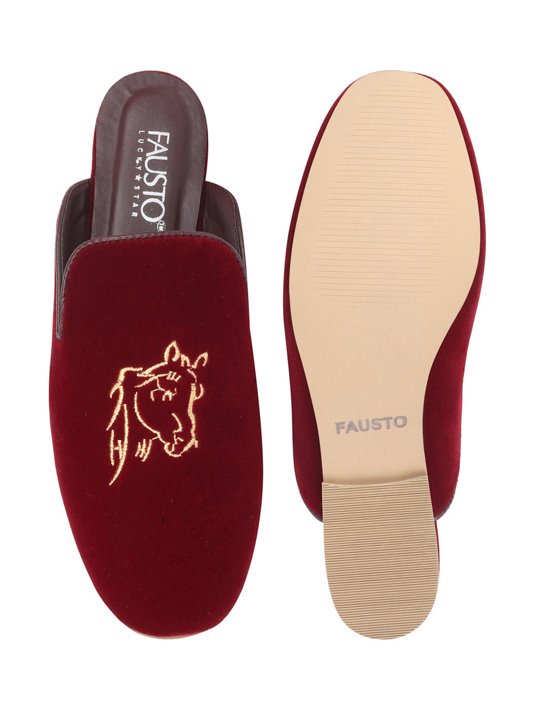 Women Red Embroidery Velvet Back Open Flat Mules