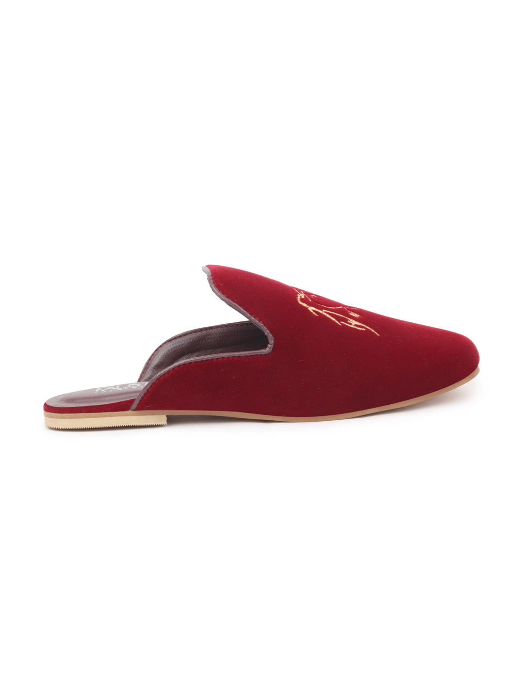 Women Red Embroidery Velvet Back Open Flat Mules