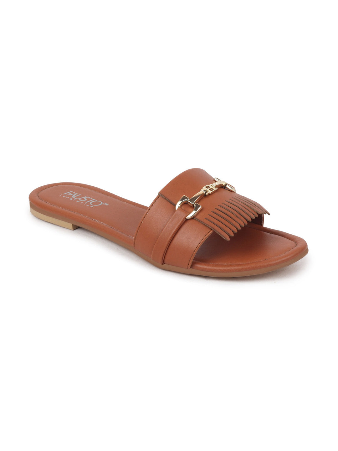 Women Tan Slip-On Casual Laser Cut Horsebit Buckle Open Toe Flats Slippers